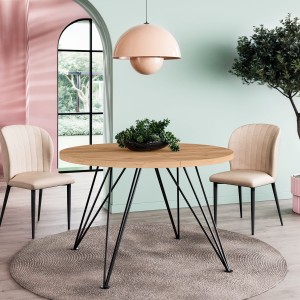 Stół okrągły Motta o średnicy 100, 120 cm rozkładany na nogach hairpin metalowych czarnych z blatem dąb craft złoty sonoma halifax i inne