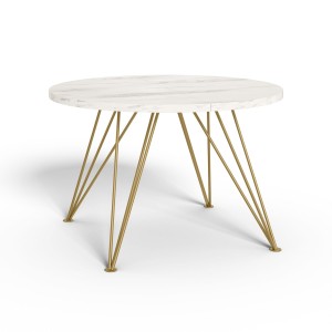 Stół okrągły Motta o średnicy 100, 120 cm rozkładany na złotych nogach hairpin w stylu glamour z blatem marmurowym, biały marmur bianco, czarny 