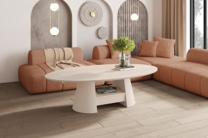 Ława owalna FERRARA 160 cm – elegancki stolik kawowy z półką i prążkowaną podstawą