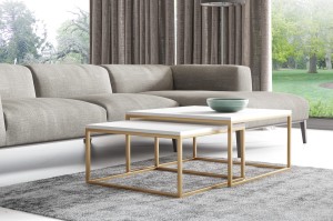 Zestaw stolików kawowych LUMARE – styl glamour, komplet 2w1, złota podstawa, nowoczesny design