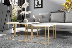 Zestaw stolików kawowych AUREO – komplet 2w1 w stylu glamour, złota podstawa, nowoczesny design