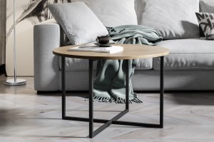 Stolik kawowy LORENTO – okrągły blat, loftowy design, podstawa na krzyżujących się płozach